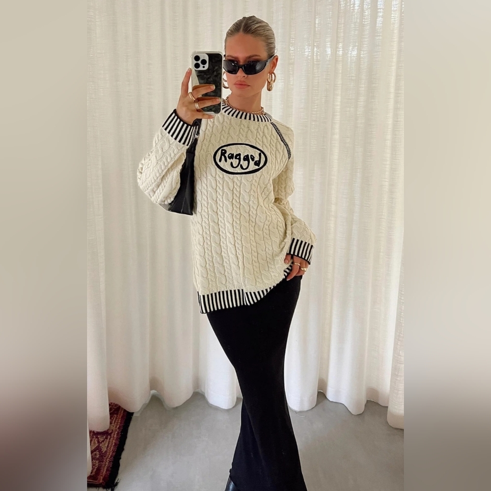 The Ragged Priest - Cream Cable Knit Sweater with Black Trim